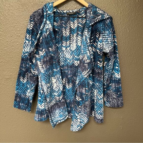 Susan Graver Weekend Printed Polar Fleece Hooded Cardigan in Blue | size XS - Picture 1 of 8